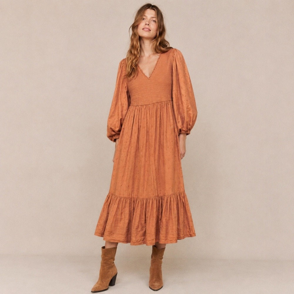 Old Navy Smocked Puff Sleeve Tiered Midi Dress Sz M